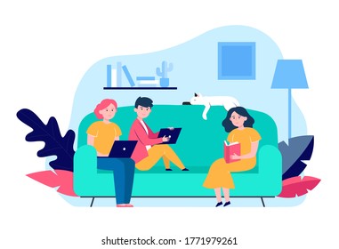 Young people sitting on sofa with laptop or book. Cat, room, couch flat vector illustration. Hobby and leisure concept for banner, website design or landing web page