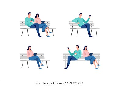 Young People Sitting In The Park On The Bench. Rest And Outdoor Quiet Time. Vector Illustration.