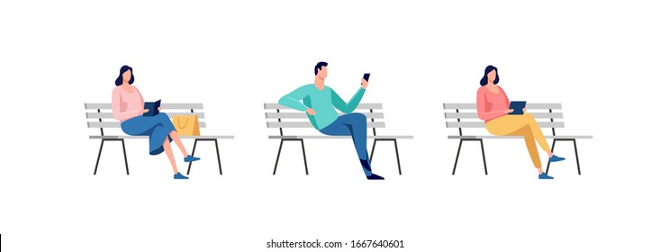 Young People Sitting In The Park On The Bench. Rest And Outdoor Quiet Time. Vector Illustration.