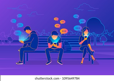 Young people sitting in the park and texting messages in chat using smartphone. Modern gradient line vector illustration of friends chat via mobile phone, sending message and texting via messenger app