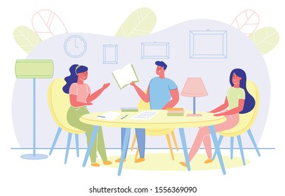 Young People Sitting at Round Table Studying.