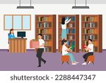 Young people sitting, studying and reading at public library 2d vector illustration concept for banner, website, illustration, landing page, flyer, etc.