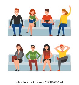 Young People Sitting in the Subway. Different Passengers of the Underground. Character Vector Set Illustration Cartoon Design