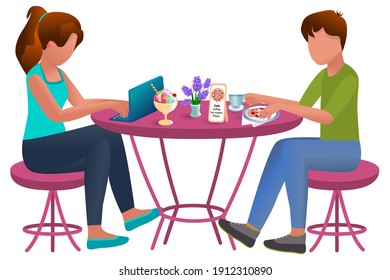 Young people are sitting at a table in a cafe. Lifestyle of two characters. The girl works at a laptop in a cafe. The guy is having lunch with pizza and tea. Work time sharing or vacation concept