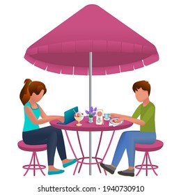 Young people are sitting at a table in a cafe. Lifestyle of two characters. The girl works at a laptop in a cafe. The guy is having lunch with pizza and tea. Work time sharing or vacation concept