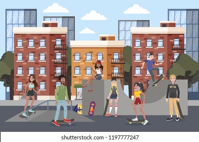 Young people in the skate park skateboarding. Teenager have fun. Urban city landscape. Extreme sport and active lifestyle. Vector flat illustration