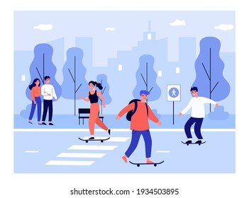 Jóvenes patinando en la calle de la ciudad, pareja caminando en el parque. Ilustración vectorial plana. Estilo de vida urbano, concepto de tiempo libre para banner, diseño de sitios web o página web de aterrizaje