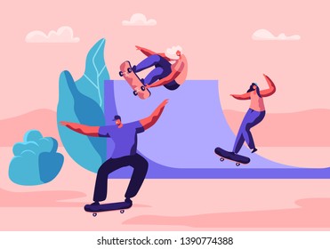 Young People Skating Longboard In City Park. Skater Hipster Boys And Girls Freedom Lifestyle. Urban City Sport, Teenagers Making Stunts And Tricks By Skateboard. Cartoon Flat Vector Illustration