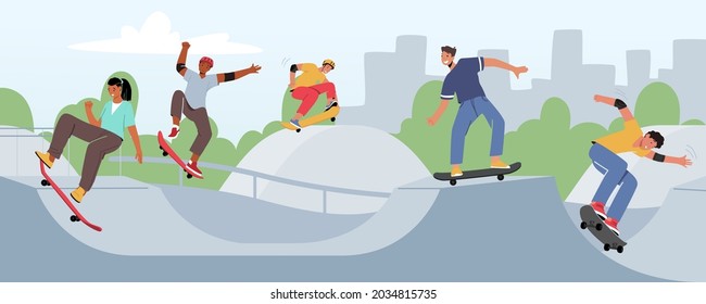 Young People Skating Longboard in City Park. Teenagers Skaters Boys and Girls Freedom Lifestyle. Urban Culture, Sport, Teens Making Stunts and Tricks on Skateboards. Cartoon Vector Illustration