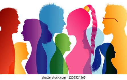 Young people smiling. Students smiling. Young people who are well together. Profiles of young colored silhouettes. Vector Multiple exposure