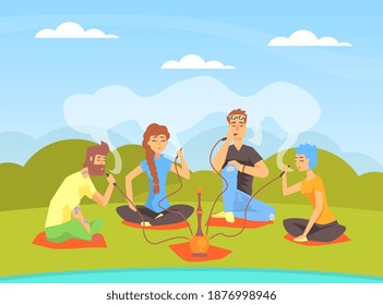 Young People Smoking Hookah while Sitting on Summer Natural Landscape Cartoon Vector Illustration