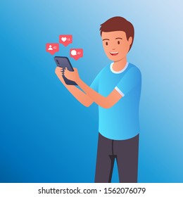 Young people social media texting messages in chat using smartphone. Flat modern illustration of chat via mobile phone, sending message and texting to friends via messenger app like follow and comment