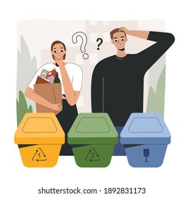 Young people soting waste, puzzled at recycle trash bins or containers, not knowing how to separate garbage, vector cartoon, illustration