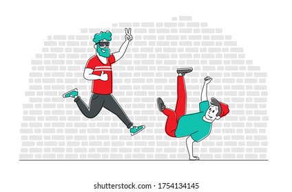 Young People Sparetime with Modern Dancing. Characters Active Lifestyle, Men Spend Time at Disco Dance Leisure or Hobby. Youth, Hip-hop Movement, Dancer Performance. Concept Linear Vector Illustration