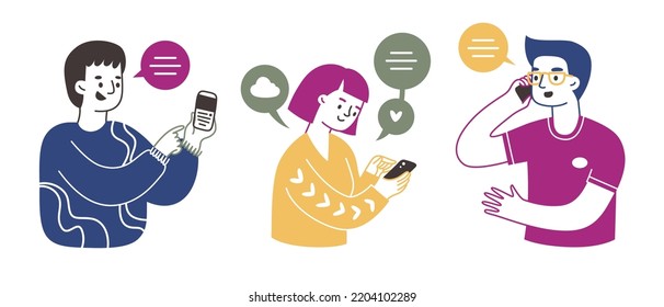 Jóvenes con burbujas de habla. Conjunto de vector Doodle. Ilustración de dibujos animados planos