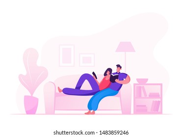 Young People Spend Free Time Together. Couple of Woman and Man Sitting on Sofa at Home Reading Books, Love and Loving Relations Leisure, Weekend, Relaxed Spare Time Cartoon Flat Vector Illustration