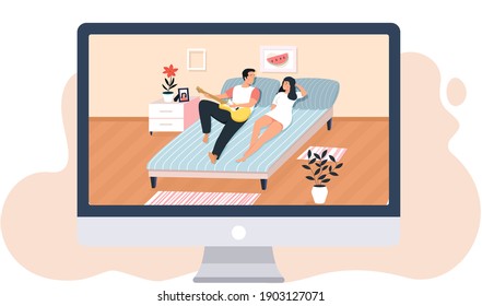 Young people spend free time at home, man plays guitar for woman couple lying on the bed. Romantic evening for two, guy singer singing songs for his wife in bedroom, people are resting lying on couch