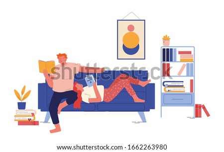 Young People Spend Free Time Together. Couple of Woman and Man Sitting on Sofa at Home Reading Books, Love and Loving Relations Leisure, Weekend, Relaxed Spare Time Cartoon Flat Vector Illustration