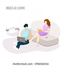 Young people spend time at home. A woman is reading a book on the sofa. The man at the computer. The rest of the house. Vector flat illustration