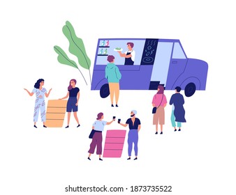 Young people spend time at open air festival near food truck. Scene of takeaway meal at outdoor event. Happy men and women drink and talk outside. Flat cartoon vector illustration isolated on white