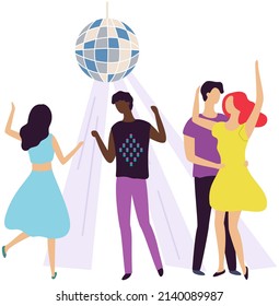 Young people spending time together at party, Man and women dancing and having fun. Group of friends while dancing in nightclub with disco ball. Dance, entertainment, pastime recreation concept