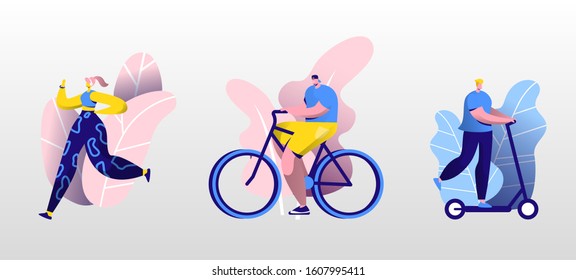 Young People Sport Activity Set. Man Riding Scooter, Woman Running, Cyclist Riding Bike. Dwellers Spare Time or Leisure. Characters Relaxing in City Park at Summertime. Flat Vector Illustration