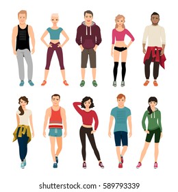 Young people in sport clothes vector illustration. Sport outfit for men and women