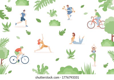 Young people in sports clothes doing sport activities in the park vector flat illustration. Men and women ride a bike, running, doing yoga, pilates, and stretching outdoors. Healthy lifestyle concept.