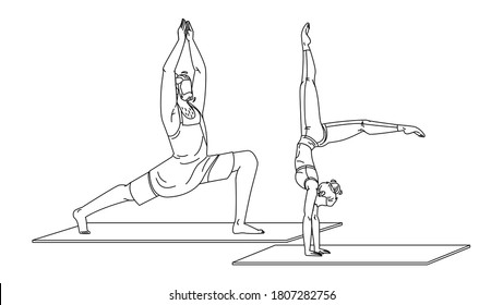 Young People In Sportswear Practicing Yoga Black Line Pencil Drawing Vector.. Man In Warrior Pose And Sporty Flexible Woman Handstand Yoga Exercise With Splitted Legs. Relaxation Illustration