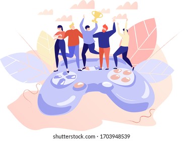 Young people stand on the gamepad, victory, cup