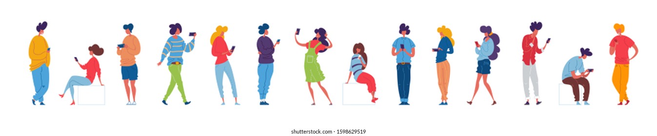 Young people stand, sit and walk with smartphones in their hands. Vector illustration of modern men and women in colorful clothes.