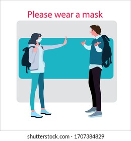 Young people stand talking about the danger from coronavirus2019 (covit-19), green cartoon character vector illustration