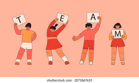 Young people standing and holding banners or placards with letters. Team sign. Advertising, meeting, teamwork concept. Group of men and women. Cartoon characters. Hand drawn trendy Vector illustration