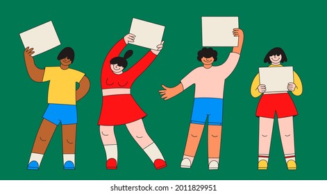 Young people standing and holding empty Banners or placards. Advertising, protest, meeting concept. Group of men and women. Cartoon characters. Hand drawn trendy Vector illustration