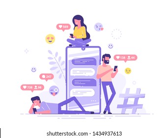 Young people are standing near by a huge smartphone and using own smartphones with social media elements and emoji icons on the background. Friends chatting and texting. Vector illustration.