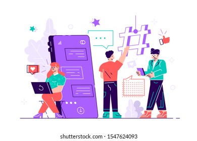 Young people are standing near by a huge smartphone and using own smartphones with social media elements and emoji icons on the background. Friends chatting and texting. Flat style vector illustration