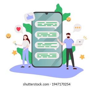 Young people are standing near by a huge smartphone and using own smartphones with social media elements and emoji icons on the background. Friends chatting and texting. Vector illustration.