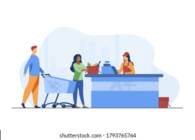 Young people standing near cashier in grocery store. Counter, payment, buyer flat vector illustration. Food, meal and products concept for banner, website design or landing web page