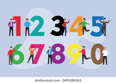 Young People standing next to numbers 2d flat vector illustration