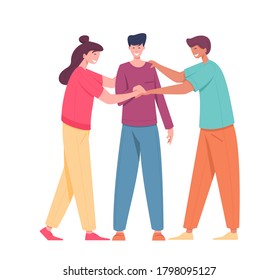 Young people standing putting their hands together. Unity and teamwork concept. Friends with stack of hands showing unity and teamwork. Vector flat style illustration.