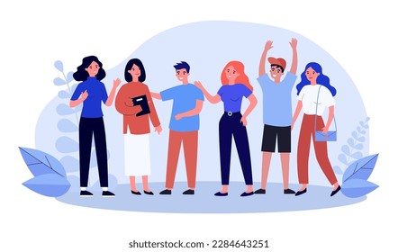 Young people standing side by side vector illustration. Group of happy friends talking, hugging, supporting each other. Friendship, love, healthy relationship, equality, community concept