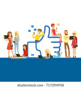 Young people standing and sitting near giant Like symbol, man and woman using mobile gadgets for social networking or blogging