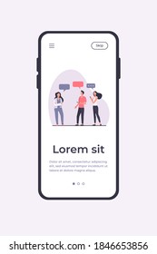 Young people standing and talking each other. Speech bubble, smartphone, girl flat vector illustration. Communication and discussion concept for banner, website design or landing web page