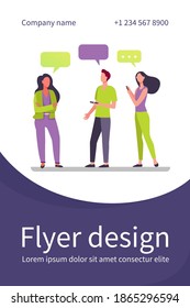 Young people standing and talking each other. Speech bubble, smartphone, girl flat vector illustration. Communication and discussion concept for banner, website design or landing web page