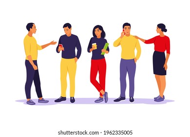 Young people standing and talking each other and phone. Communication and discussion concept. Vector illustration. Isolated flat.