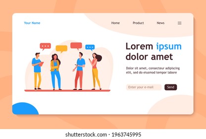 Young people standing and talking each other. Speech bubble, smartphone, girl flat vector illustration. Communication and discussion concept for banner, website design or landing web page