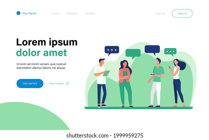 Young people standing and talking each other. Speech bubble, smartphone, girl flat vector illustration. Communication and discussion concept for banner, website design or landing web page