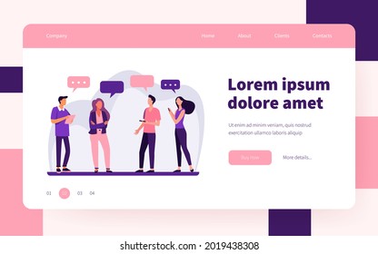Young people standing and talking each other. Speech bubble, smartphone, girl flat vector illustration. Communication and discussion concept for banner, website design or landing web page