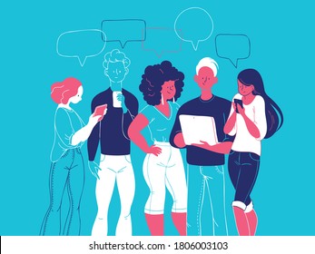 Young people standing together looking at smartphones, notepad and tablet reading news, chatting, discussing, surfing through internet, learning. Vector trendy flat hand drawn illustration.