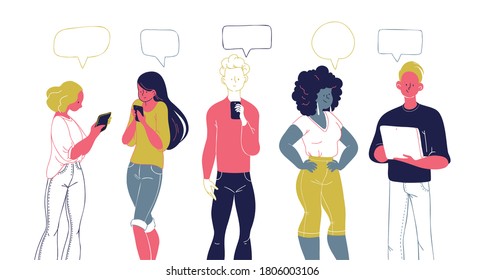 Young people standing together looking at smartphones, notepad and tablet reading news, chatting, discussing, surfing through internet, learning. Vector trendy flat hand drawn illustration.